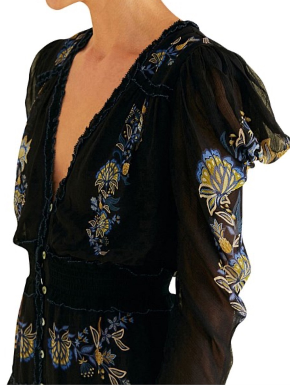 NWT FARM Rio Black Mini Dress with Yellow & Blue Floral Embroidery - Picture 4 of 11